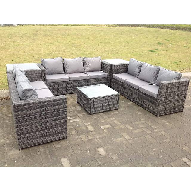 Fimous - Patio 9 Seater u Shape Rattan Sofa Set Patio Outdoor Garden Furniture With 3 Coffee Table Dark Grey Mixed