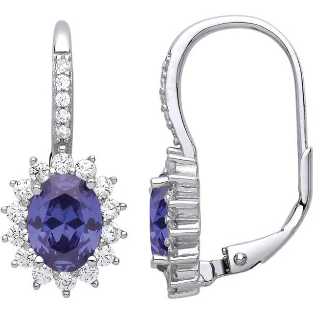 Jewelco London Ladies Sterling Silver Tanzanite-Violet Oval Cubic Zirconia Classic Cluster Drop Earrings - GVE817TAN