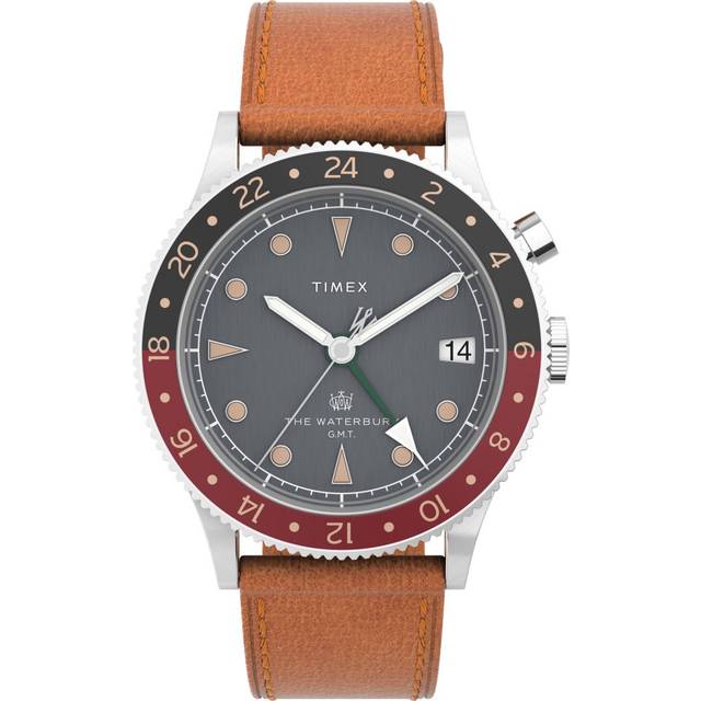 Men's Waterbury Traditional Gmt 39Mm Sst Black Dial Tan Strap - Brown (*)