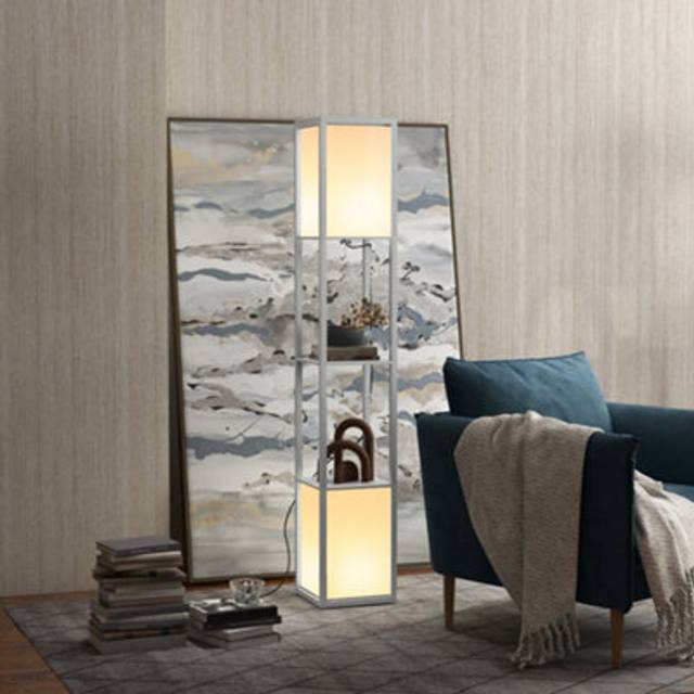 HOMCOM Shelf Floor Lamp with Dual Light, for Living Room, Bedroom, Grey, Light Grey