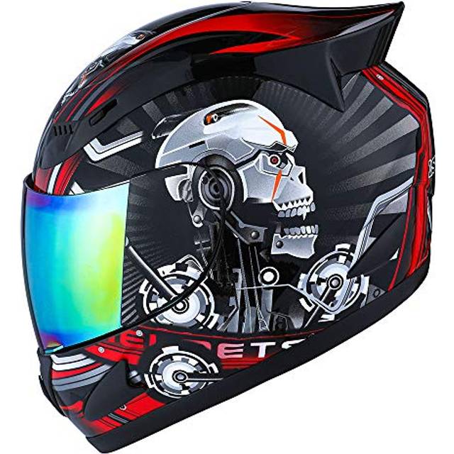 1Storm Motorcycle Bike Full FAcE Helmet Mechanic Skull Size Medium - Tinted Visor RED
