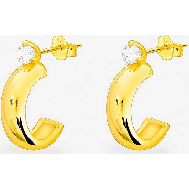 Womens 18k Gold Thick Huggie Hoop Earrings With Sparkling Stone - Metallics - One Size