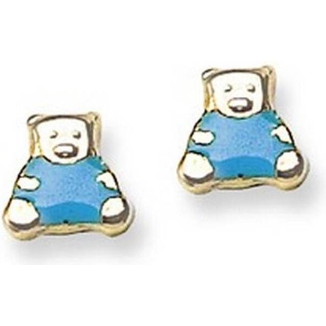 Blue Enamel Teddy Bear Stud Baby Earrings in 14K Yellow Gold