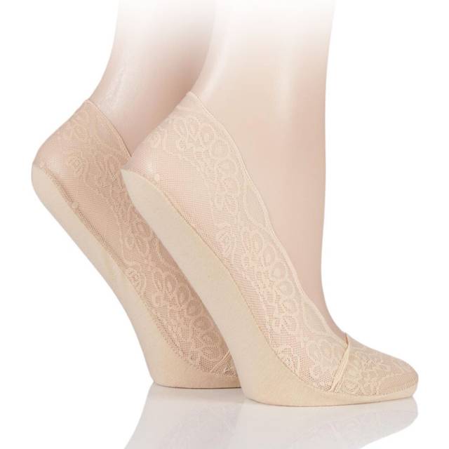 2 Pair Natural Lace Shoe Liner Socks with Grip Ladies 4-8 Ladies - Elle - Skin Tones
