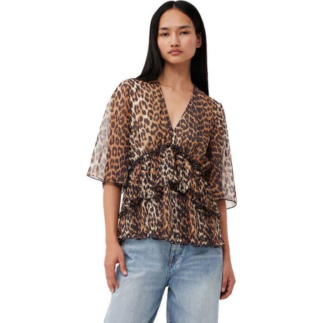 Ganni, Blusar & Skjortor , Dam, M, Polyester, Leopardmönstrad Veckad Blus - beige (M)