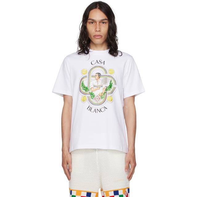 Casablanca Mens Le Joueur Print T-Shirt in White Cotton - Size Large