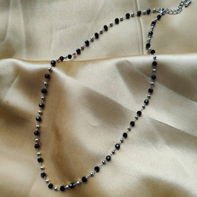 Black Crystal Beaded Silver Gold Asian Nazar Mangalsutra Choker Necklace - 14 inches