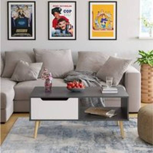 Wooden Grey White Scandinavian Coffee Table With Legs Storage Drawer