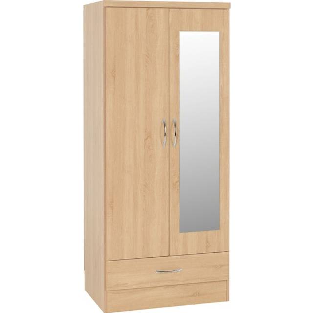 SHEIN Seconique Nevada Mirrored 2 Door Wardrobe In Grey Gloss/Light Oak Effect Veneer