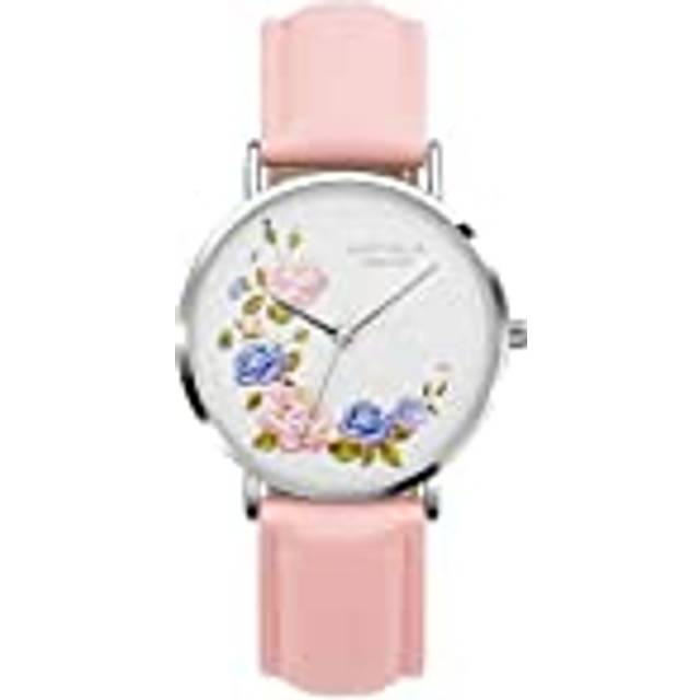 Orphelia mode dam analog kvartsklocka blommig med läderarmband bandet ROSA
