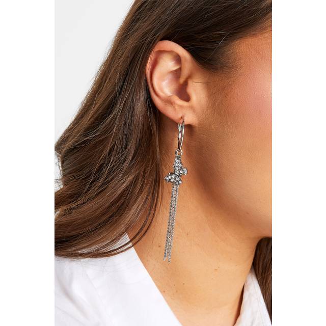 Silver Butterfly Tassel Hoop Earrings - One Size