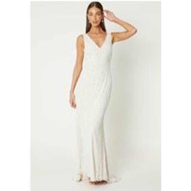 Plunge Floral Vintage Embellished Wedding Dress - Ivory - 18