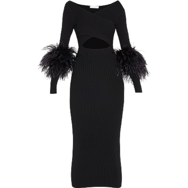 Criss-Cross Cutout Midi Dress w/ Feather Trim - BLACK - X-Small