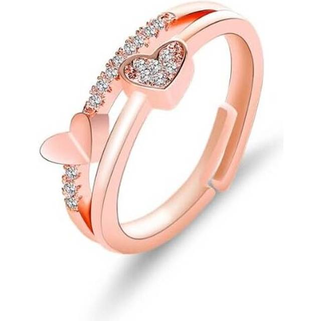Women Double Layered Heart Shape CZ Crystal Ring Rose Gold Silver 2 Colors Simulated Diamond Ring Opening Ring,Silver,1 Pc