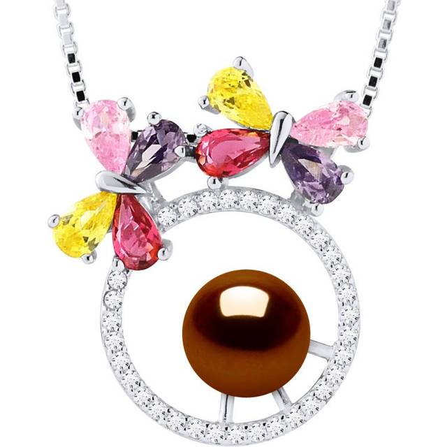 Diadema Womens BUTTERFLY Necklace Freshwater Pearl Round 8-9mm Chocolate 925 Silver - One Size