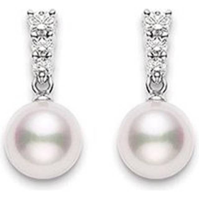 Mikimoto 18ct White Gold Diamond 8mm White Akoya Pearl Earrings - White Gold