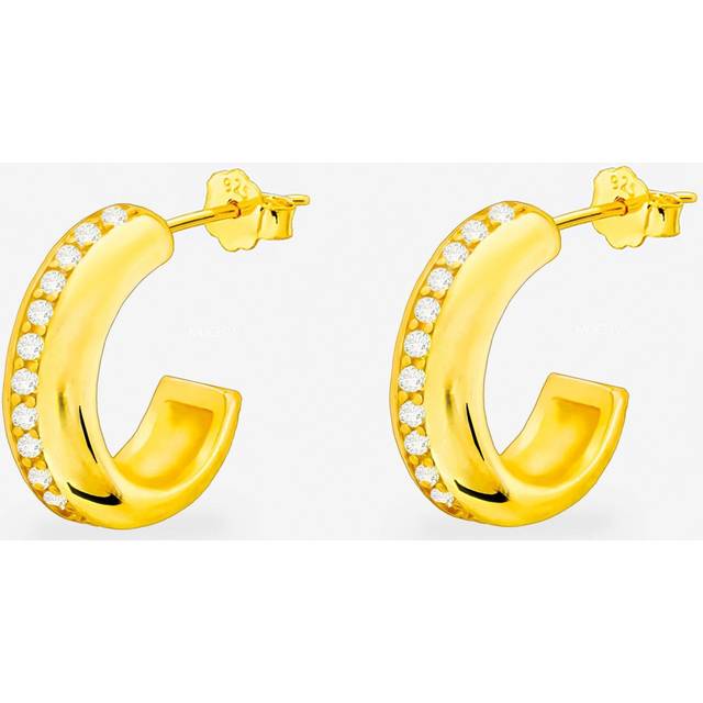 Womens 18k Gold Chunky Huggie Hoop Earrings With Tiny Stones - Metallics - One Size