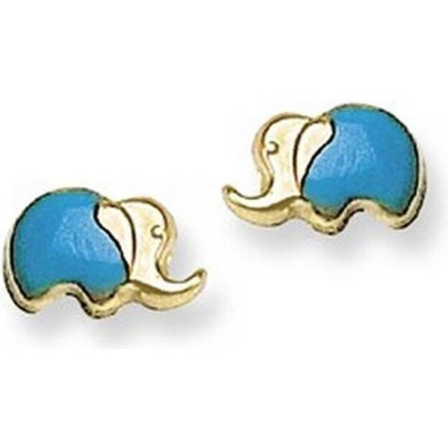 Blue Enamel Elephant Stud Baby Earrings in 14K Yellow Gold