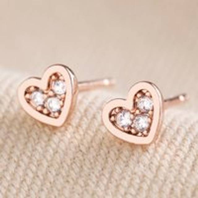 Tiny Crystal Heart Stud Earrings in Rose Gold - rose gold/clear - one size