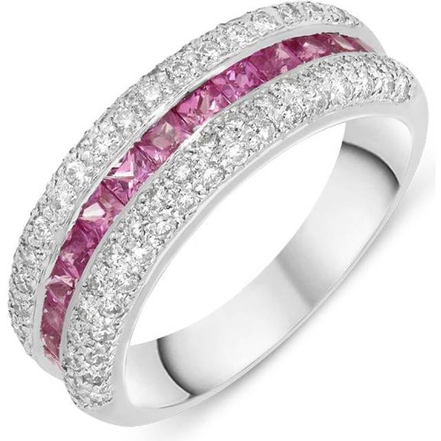 18ct White Gold Diamond Pink Sapphire Three Row Ring - White Gold