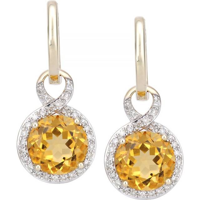 Diamant L'Eternel Womens 9ct Yellow Gold Diamond and Citrine Dangle and Drop Hoop Earrings - One Size