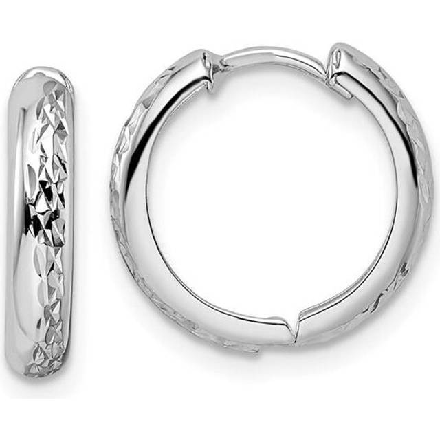 14K White Gold Polished Textured 3 x 15 mm Hinged Hoop Earrings