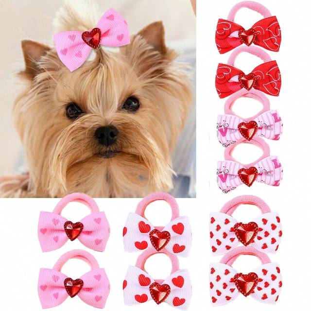 SHEIN 10pcs Pink Heart Parttern Hair Bows For Dogs And Cat,Dog Bows With Rubber Band,Cute Puppy Dog Yorkie Dogs Hair Grooming Hair Ties,Valentine&#39;s Day Gift