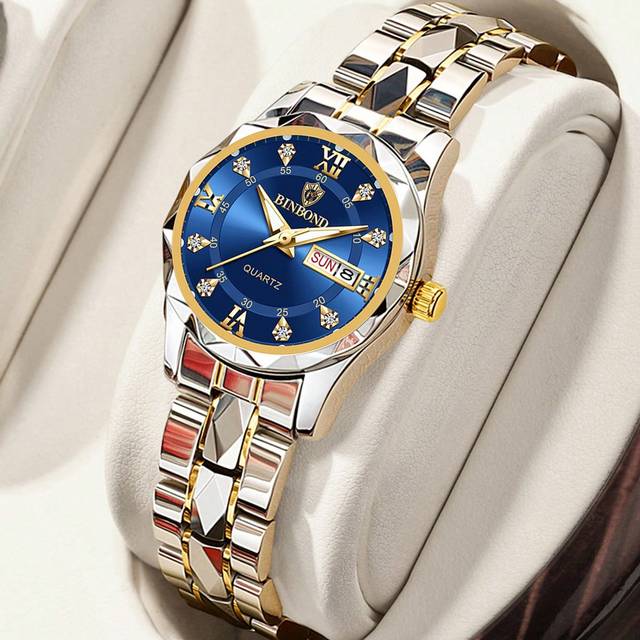 BINBOND BINBOND Luxury Gold Quartz Watch Women&#39;s Fashion Women&#39;s Watch Waterproof Night Light Stainless Steel Business Leisure Dual Calendar Women&#39;s Watch