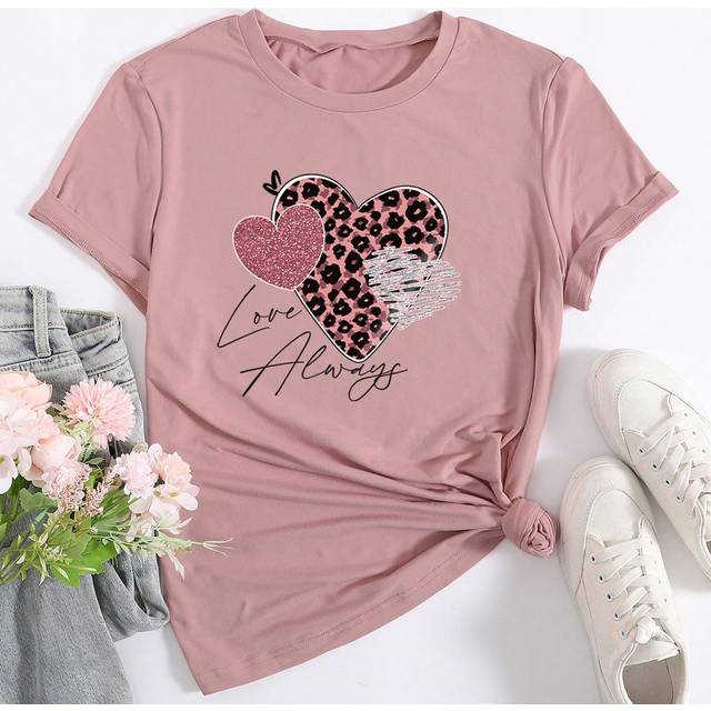 INAWLY Heart & Leopard Print T-Shirt Graphic Cheetah Print Tees Women Tops