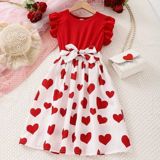 SHEIN Tween Girl Summer Color Block Heart Print Patchwork Belted Ruffle Hem Dress