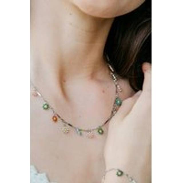 Colourful Rainbow Flower Indie Boho Daisy Charms Dangle Choker Summer Necklace - Silver - 16 inches
