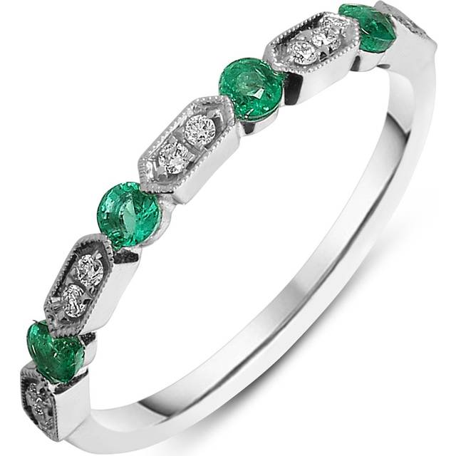 18ct White Gold Emerald Diamond Vintage Style Half Eternity Ring - Option1 Value White Gold