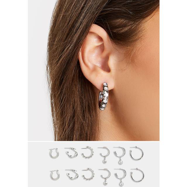 6 Pack Silver Small Twisted Hoop Earrings Set - One Size