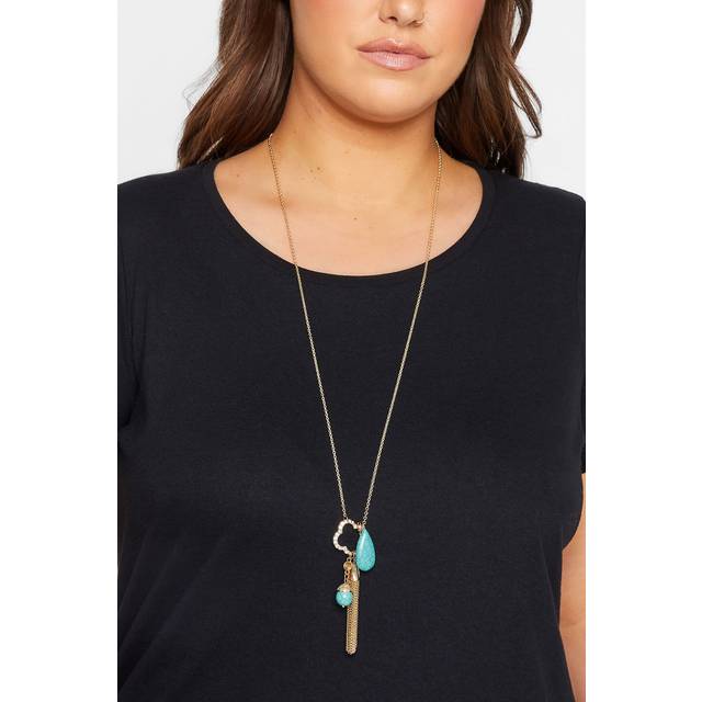 Gold & Blue Long Charm Tassel Necklace - One Size