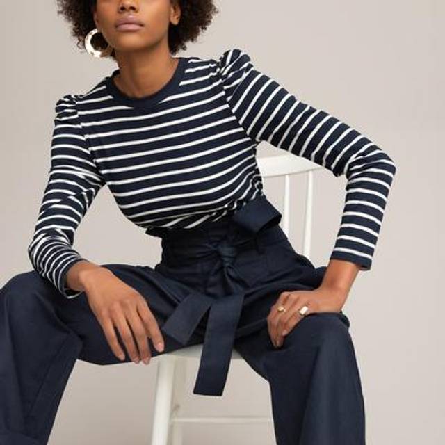 Striped Crew Neck T-Shirt - navy with white stripes - M