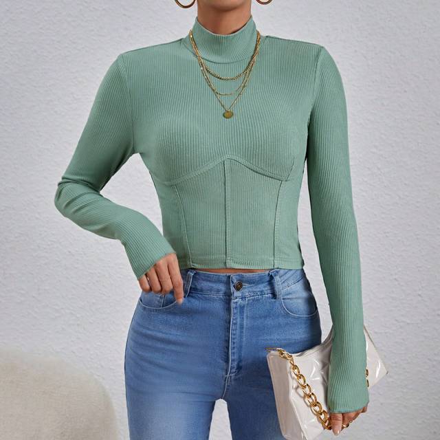 SHEIN Women&#39;s Ribbed Crop Long Sleeve T-Shirt