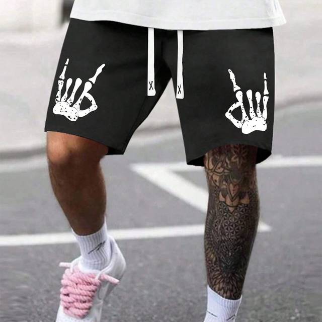 Manfinity Loose Fit Men&#39;s Skeleton Hand Print Shorts With Drawstring Waist Baggy Pattern Graphic Goth