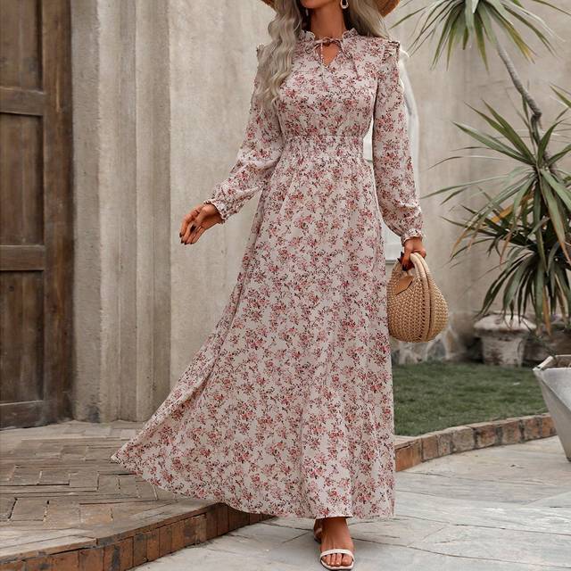 Breezaya Tie Neck Long Sleeve Floral Dress Maxi Vacation Beach Outfits Women