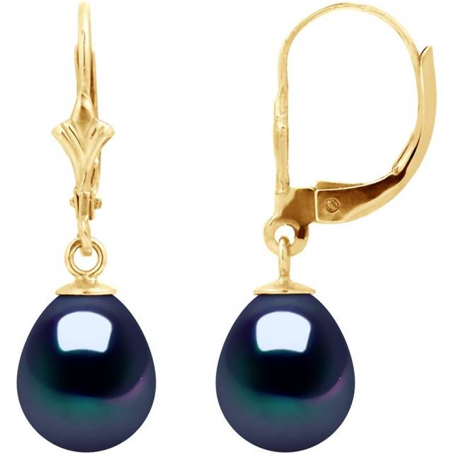Diadema Womens - Earrings Yellow Gold and Real Freshwater Pearls - Black Tahitian Style - One Size