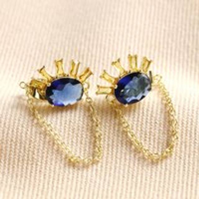 Blue Crystal Sunburst and Chain Stud Earrings in Gold - blue/yellow/gold - one size
