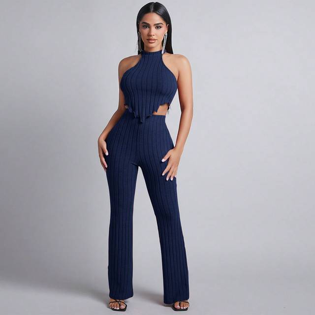 Kvinnors asymmetriska fåll Halter Neck Topp och utsvängda byxor Set - Marinblå (Petite XXS,Petite XS,Petite S,Petite M,Petite L)