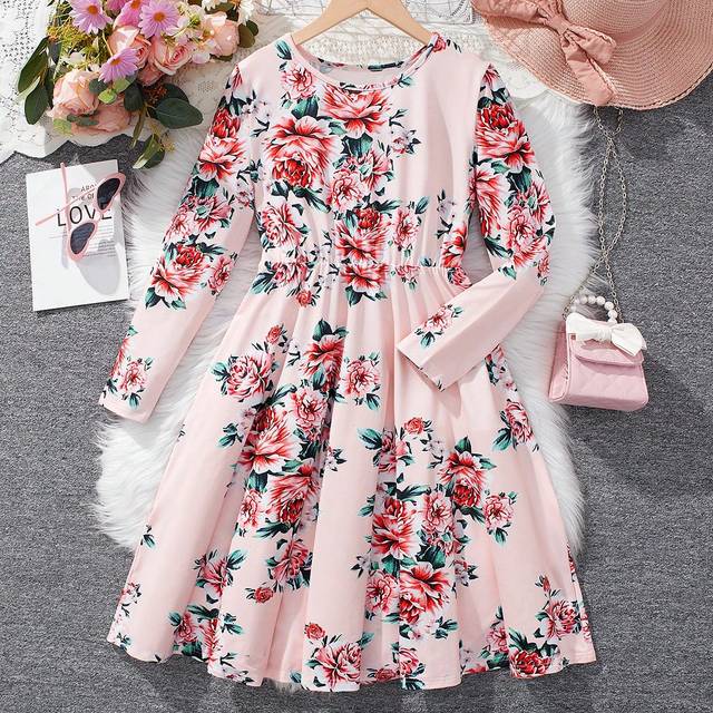 SHEIN Tween Girl Floral Print Round Neck Waist-Cinching Dress, Sweet Flower Pattern, High Waist Design, Soft And Breathable, Comfortable Fabric