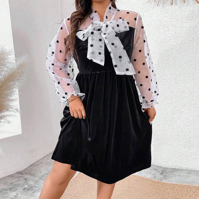 Celure Plus Size Polka Dots Mesh Contrast Tie Neckline Dress