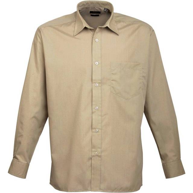 (15, Khaki) Premier Mens Long Sleeve Formal Plain Work Poplin Shirt