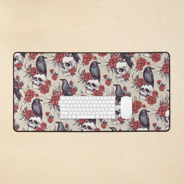 Desk Mat Skulls Red Roses Ravens Memento Mori Day Of The Dead Large Gaming Mouse Pad 35x16 inch