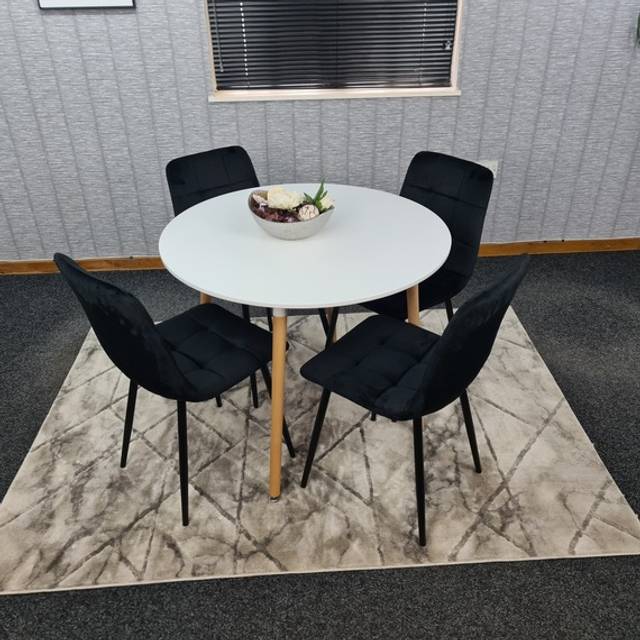 Portland 4 Seater Round Wood Velvet Dining Set White and Black - Multi
