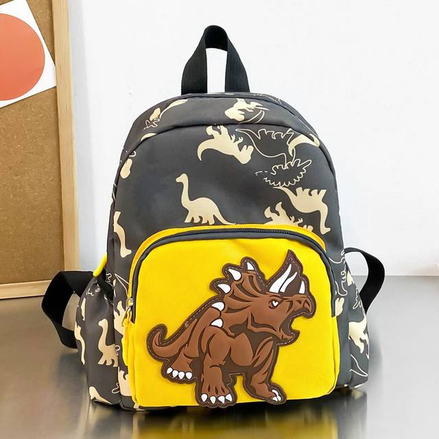 Trendig tecknad dinosauriemönsterryggsäck, liten skolväska med sött tryck - Grå