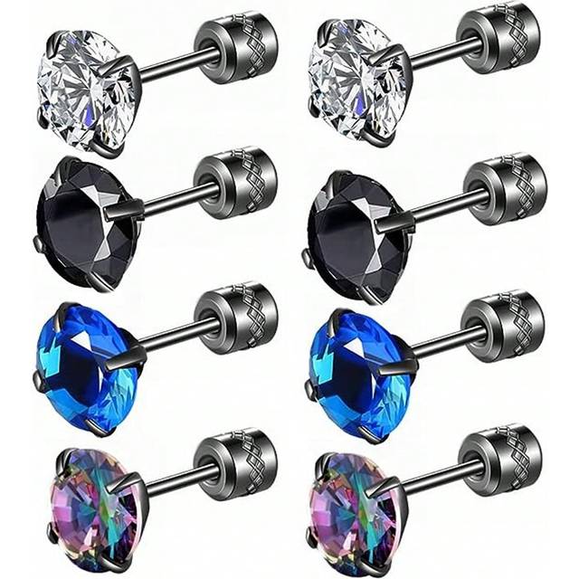SHEIN 4 Pairs 6mm Screw Back Surgical Stainless Steel Stud Earrings for Women Men,Rainbow 5A Cubic Zirconia Studs Double Side Earrings Piercing Sleeper Stud