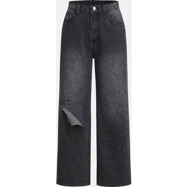 SHEIN Casual Teenage Girls&#39; Elastic-free Ripped Jeans With Wide Leg
