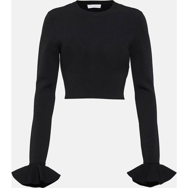 JW Anderson, Topp, Dam, S, Svart Cropped Ruffled Sleeve Sweater - black (S)